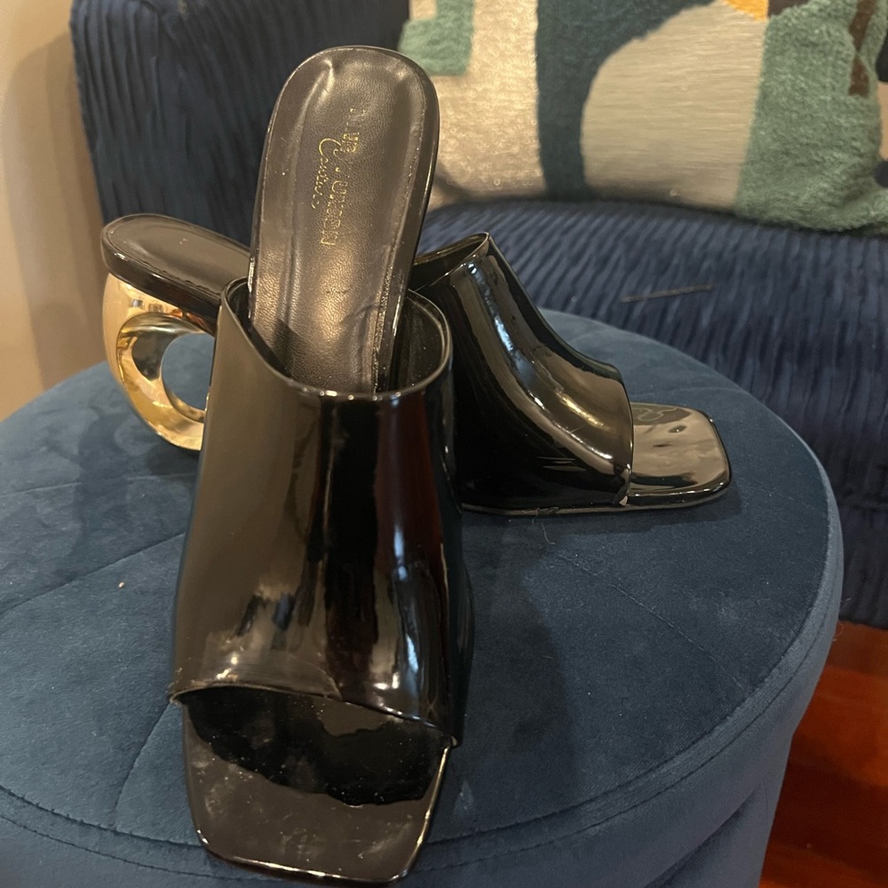 Ninety Union open toe slide with metallic gold round heel